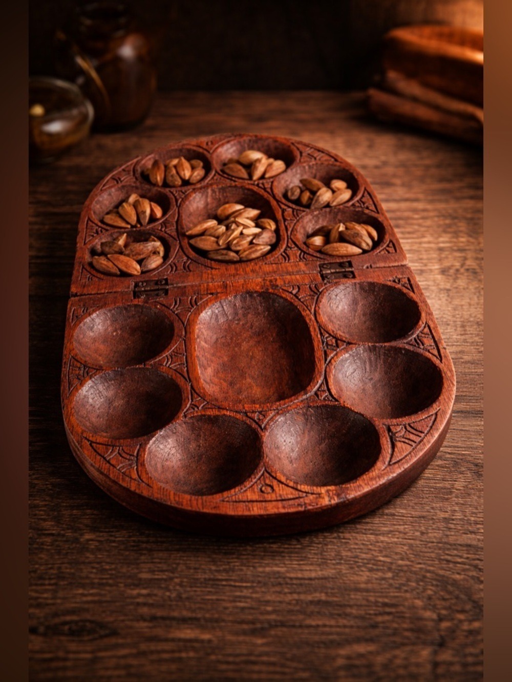Vintage Hand Carved Wooden Mancala Game Board • Rustic African Strategy Game